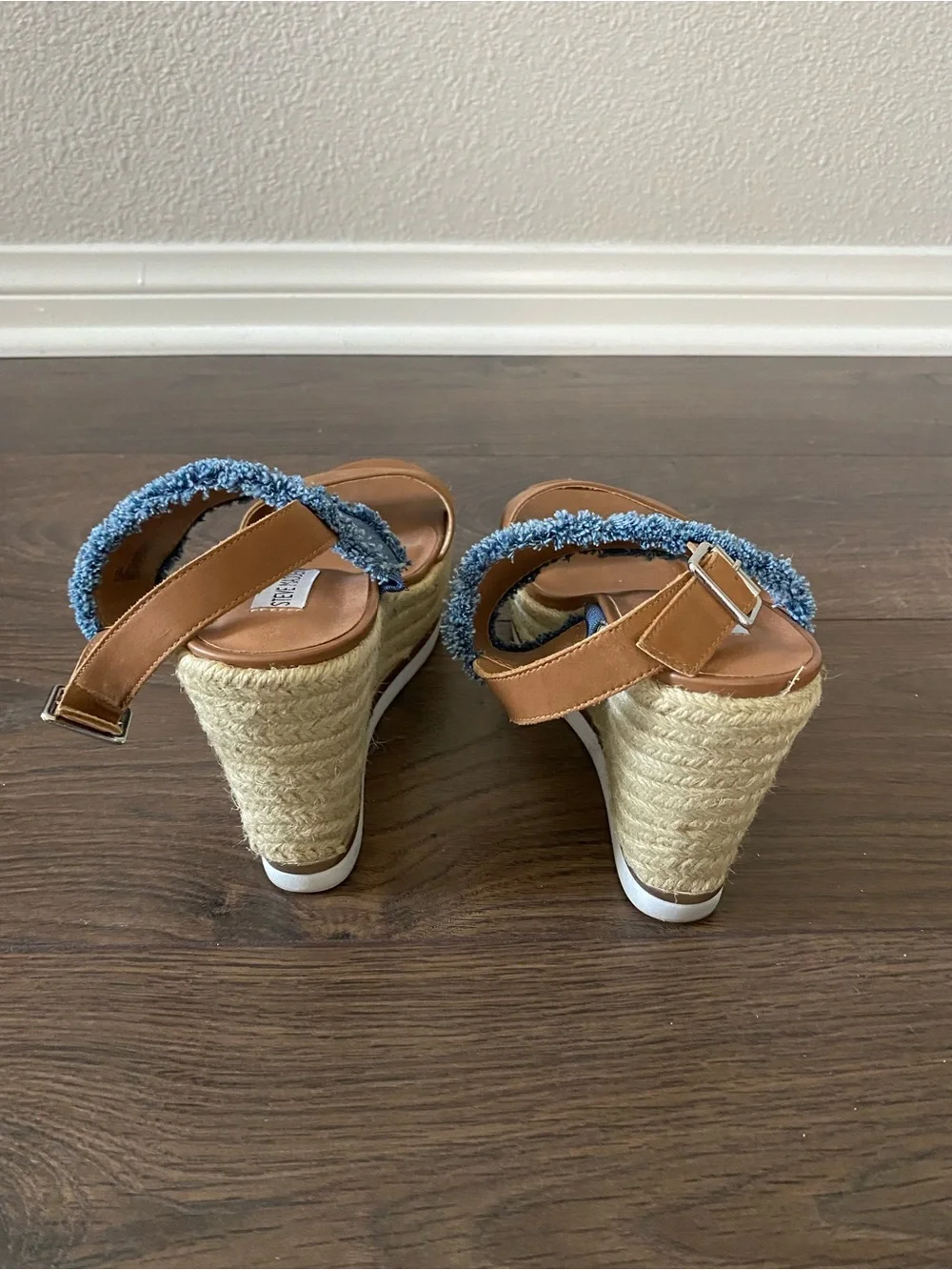 Steve Madden Tan Leather and Blue Denim Espadrille Wedge Sandals